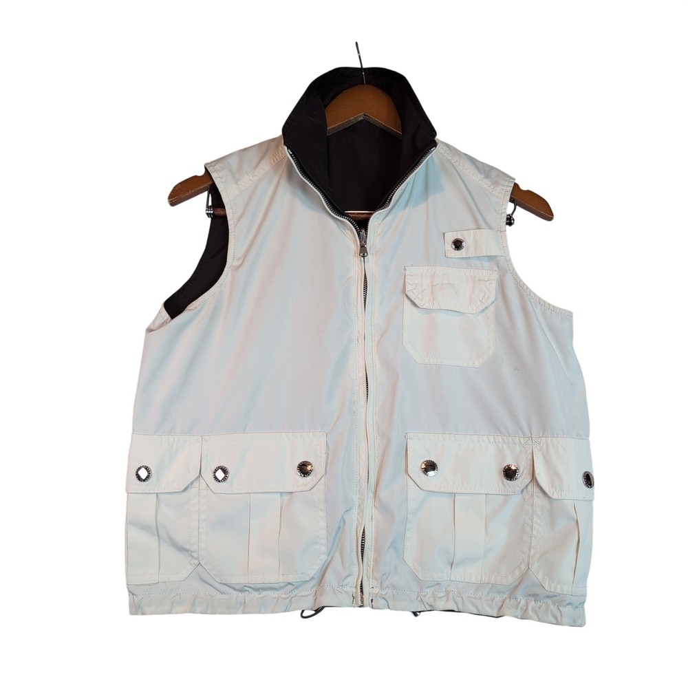 Lauren Ralph Lauren Reversible Utility Vest Brown White Small Cargo Pocket Zip